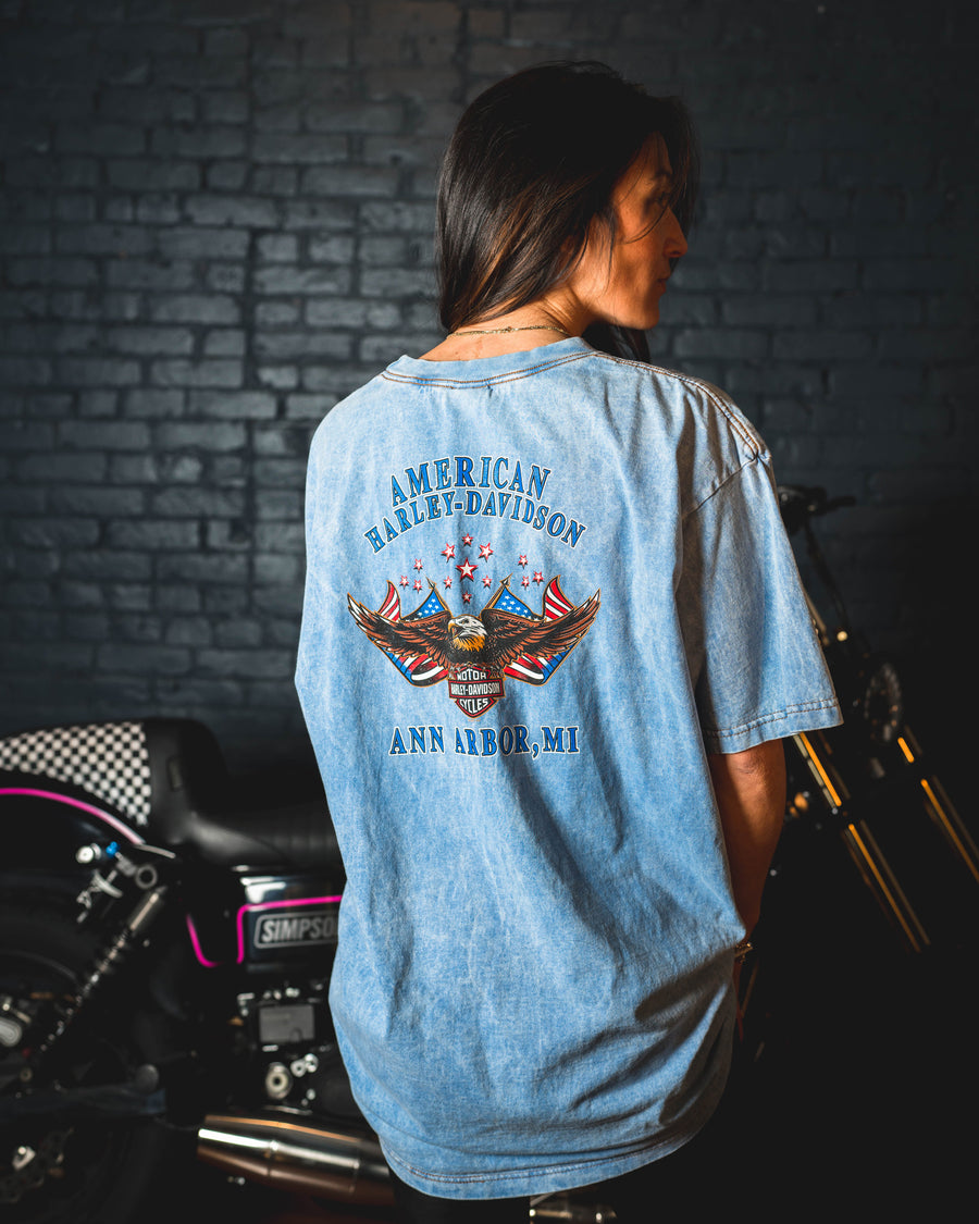 Harley Davidson Vintage T-Shirt - Ann Arbor Harley Michigan - Blue Acid Wash