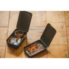 Toyo Steel T-152 Moss Green. Open view with various small items inside the trunk-shaped toolbox, showcasing its matte moss green finish. 0.15kg.