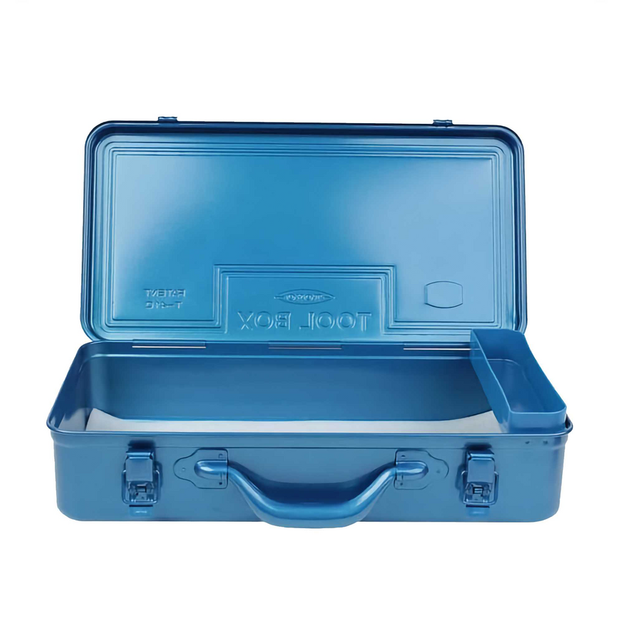 Toyo Steel T-360 Blue. Open view of the glossy blue toolbox with its interior clearly visible, showcasing its organized compartments and durable design. 1.6kg.