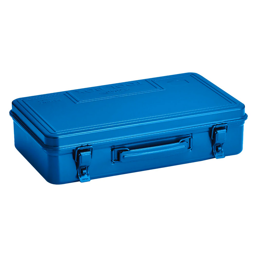 Toyo Steel T-360 Blue. Sleek glossy blue toolbox with a top-mounted round handle and cylinder lock, offering excellent functionality and stackable design. 1.6kg.