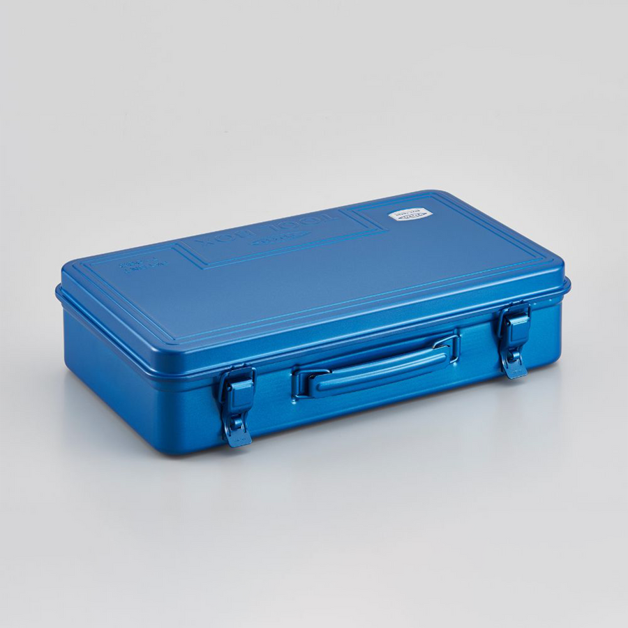 Toyo Steel T-360 Blue. Glossy blue steel toolbox, pressed from a single plate with a round handle and no sharp edges. Durable, stackable, and features a cylinder lock. 1.6kg.