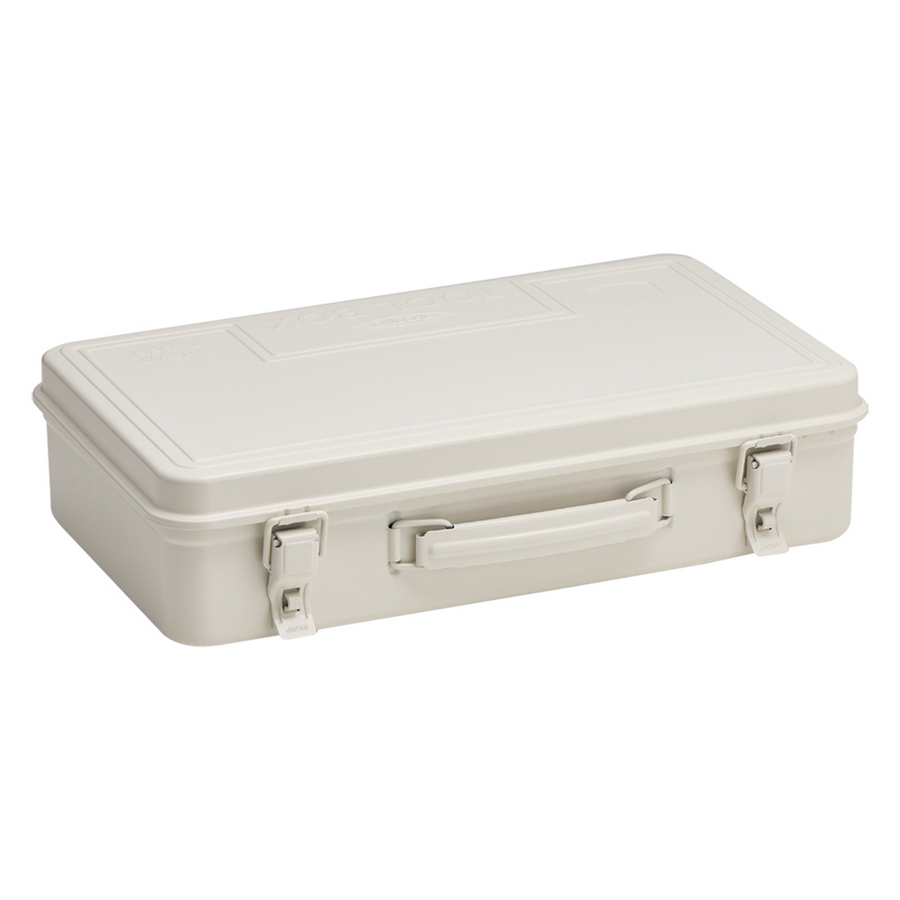 Toyo Steel T-360 White. Compact glossy white steel toolbox with seamless construction and a round handle, designed for durability and secure storage. 1.6kg.