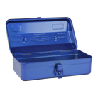 Toyo Steel Camber Top Y-280 Blue. Open lid showing spacious interior of glossy blue steel container, featuring a round handle and camber-top cover. 1.1kg.
