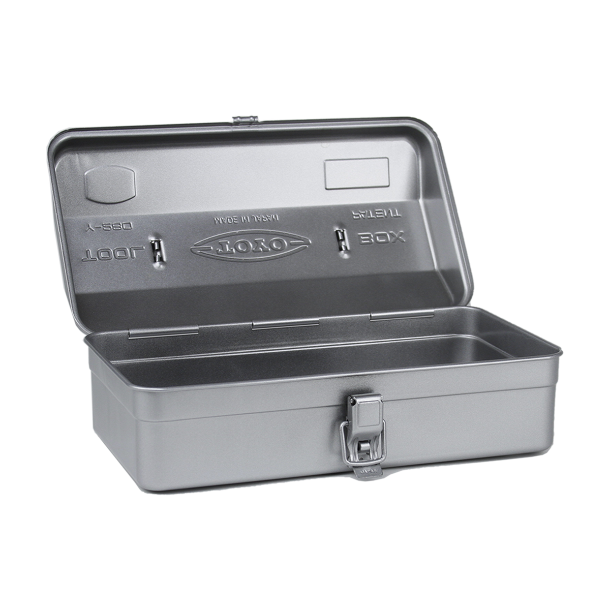 Toyo Steel Camber Top Y-280 Silver. Open lid reveals a spacious interior of glossy silver steel, featuring a round handle and camber-top design. 1.1kg.